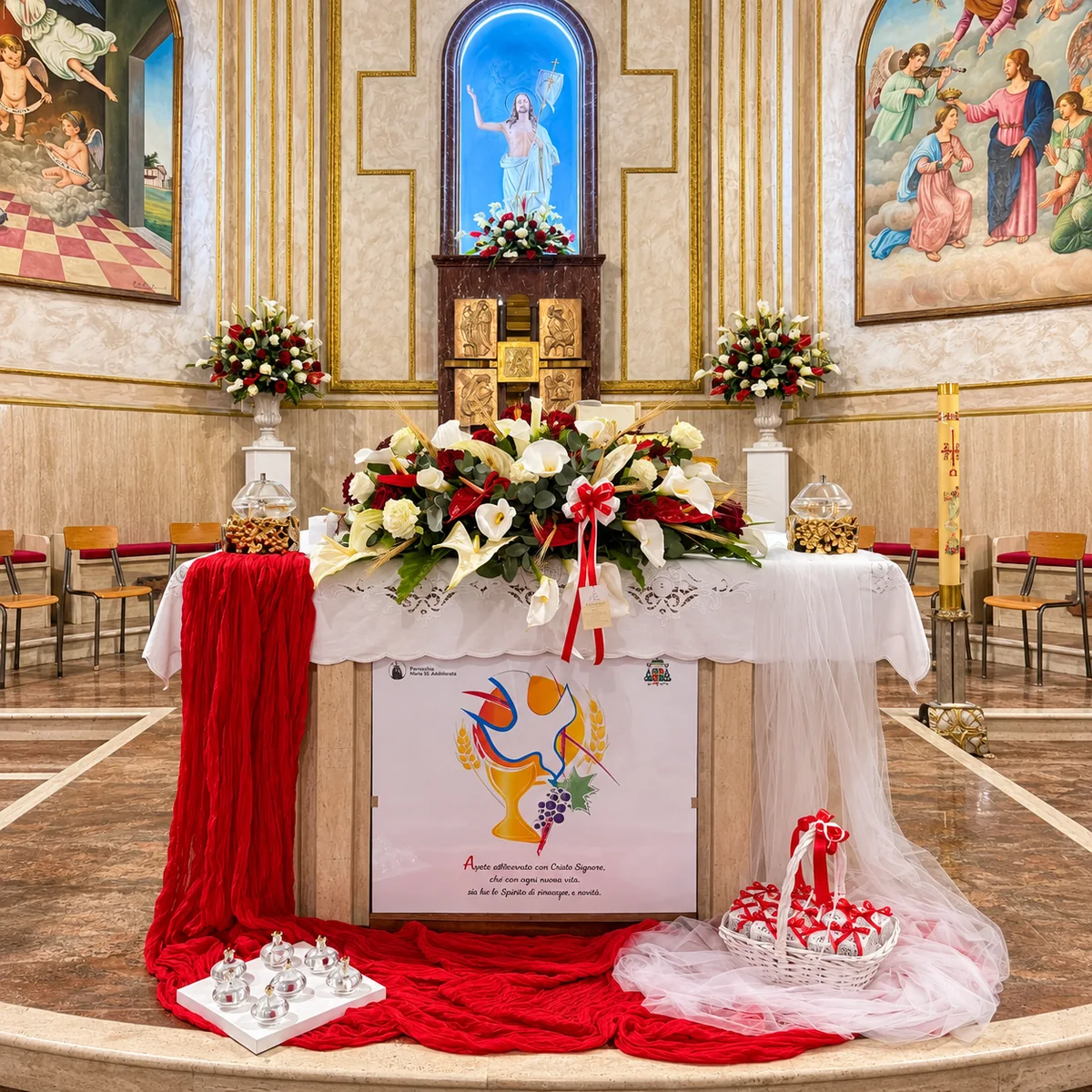 Allestimento chiesa cresima rosso e bianco