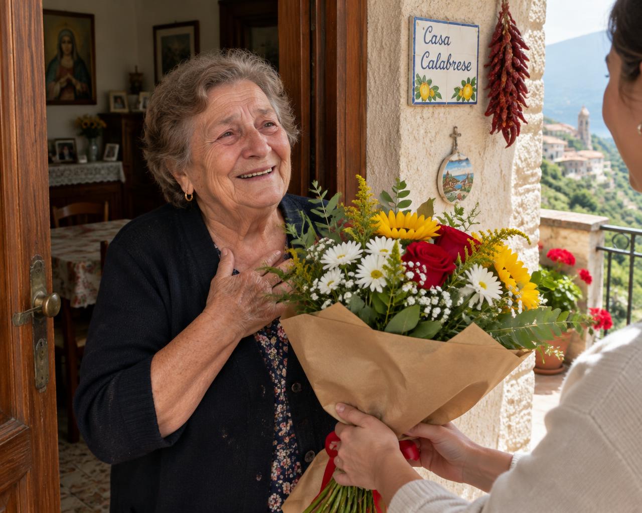 Una mamma riceve un mazzo di fiori